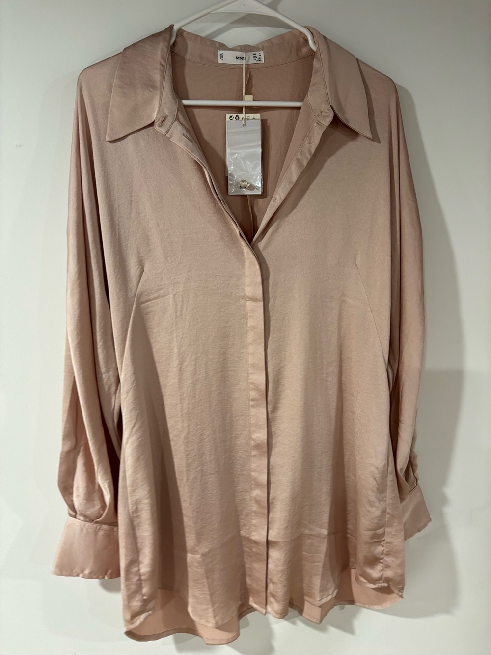 NWT Mango Relaxed Satin Button-Front Blouse - Blush